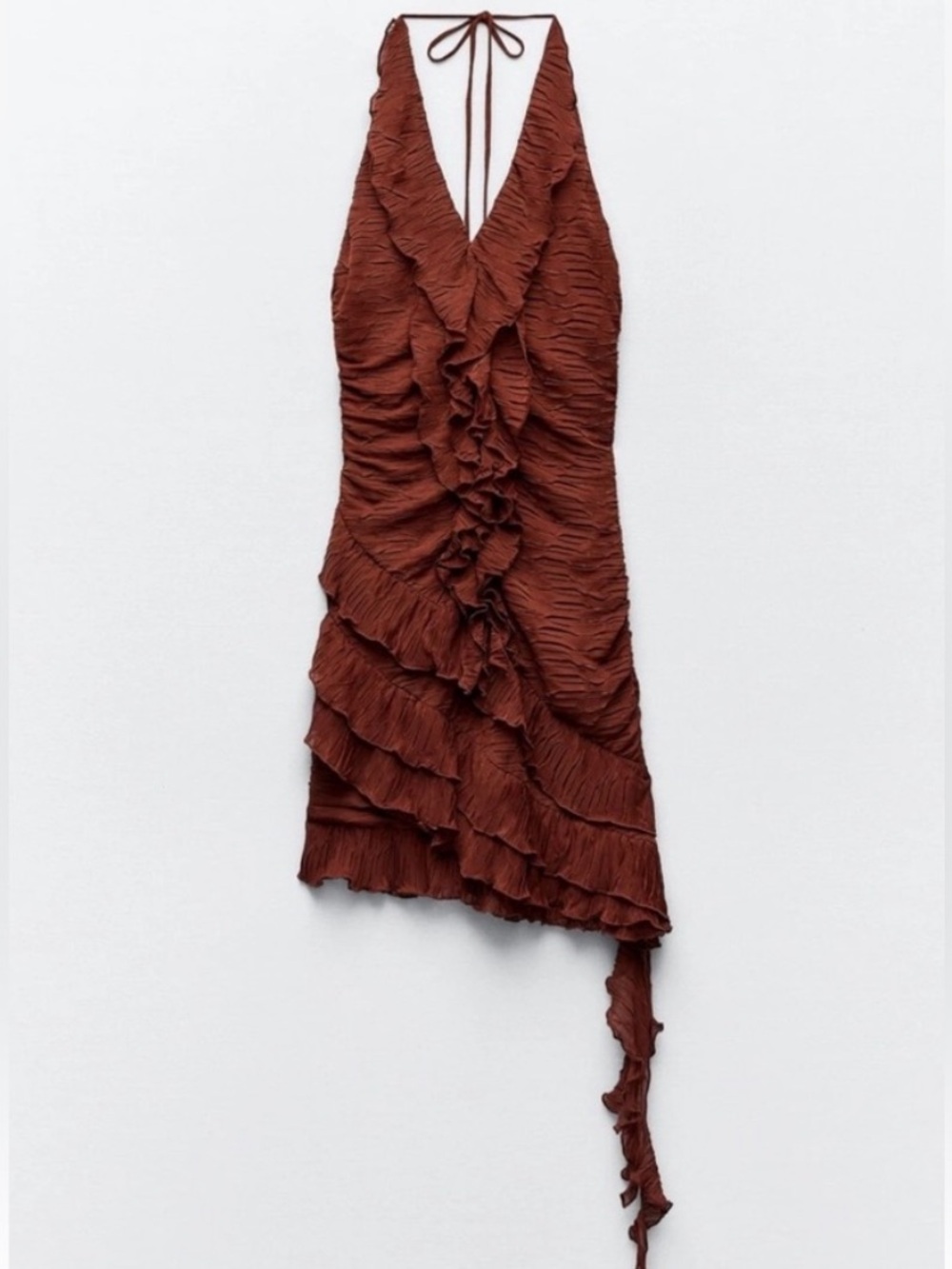 Zara One-Shoulder Ruffled Halter Dress in Chestnut Brown